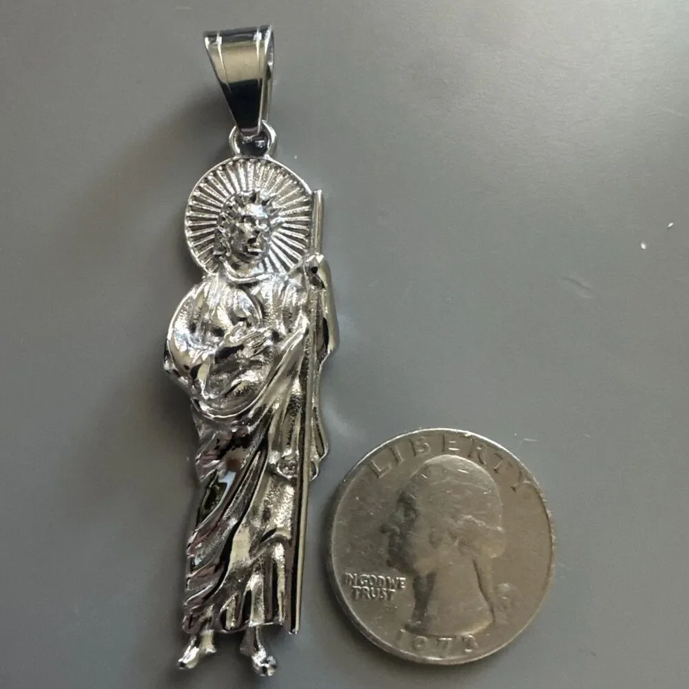 St. Jude Thaddeus Religious Pendant Silver Tone Stainless Steel 24” Chain Jesus